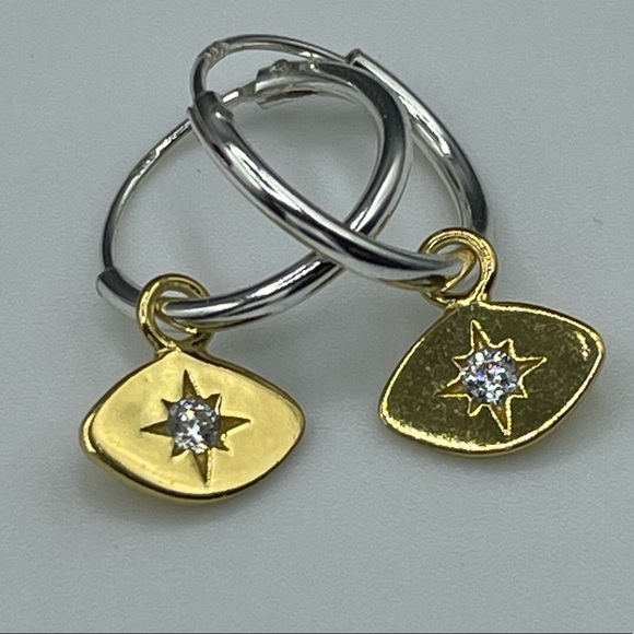 14k Gold Sterling Silver Tiny Hoop Evil Eye Earrings. - Picture 6 of 10